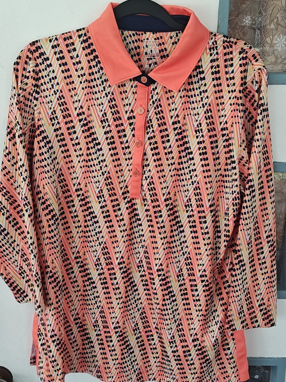 Coral Geometric Long Sleeve Golf Polo